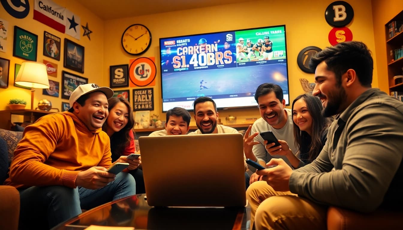 Engaged friends enjoying online sports betting California in a lively home setting.