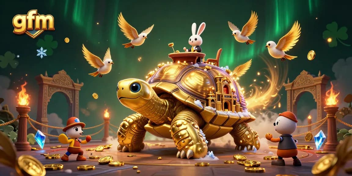 Experience the excitement of gfm with a vibrant 3D casino illustration featuring a golden tortoise and lively dealer action.