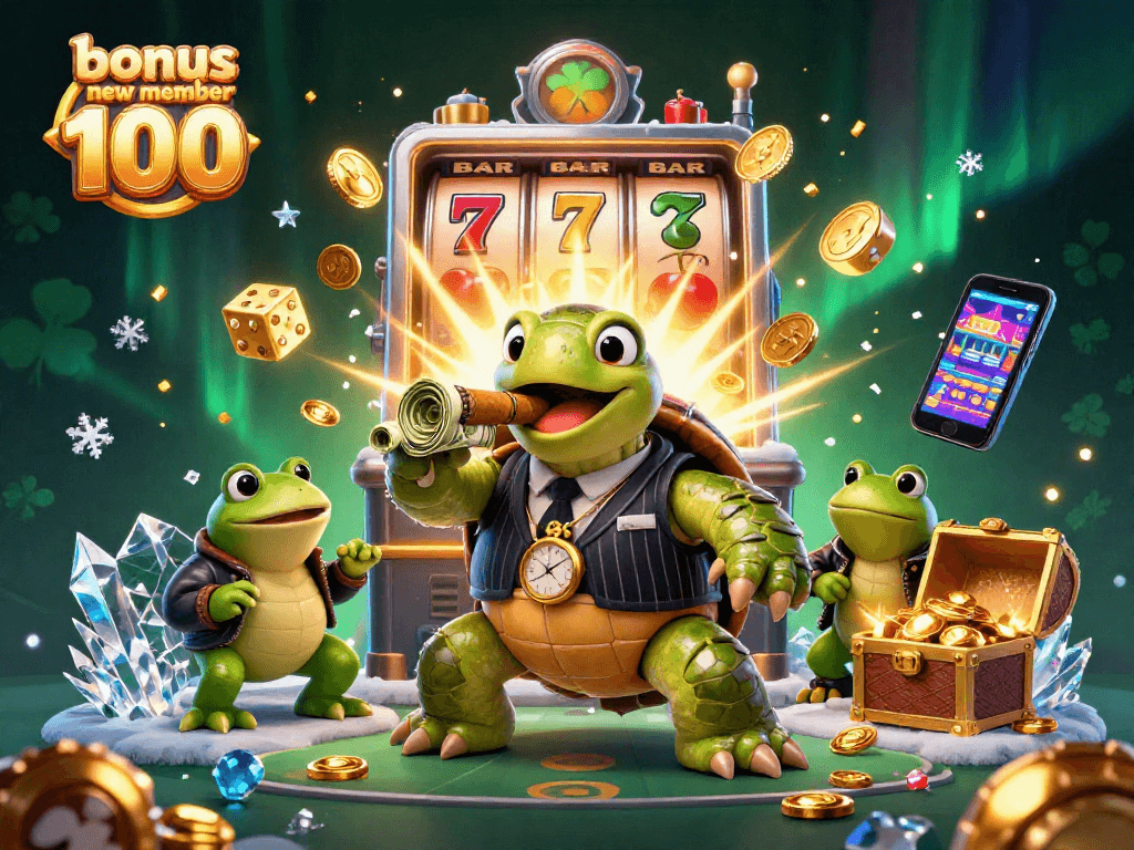 Experience the excitement of bonus new member 100 with dynamic slot machines and animated characters in a vibrant casino scene.