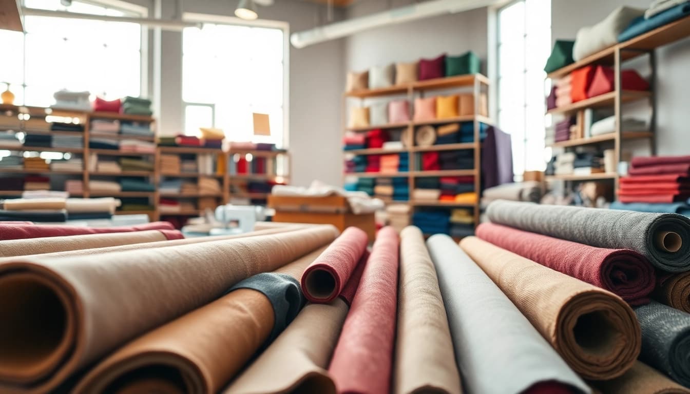 Canvas stoffen in een kleurrijke stoffenwinkel met diverse patronen en texturen.
