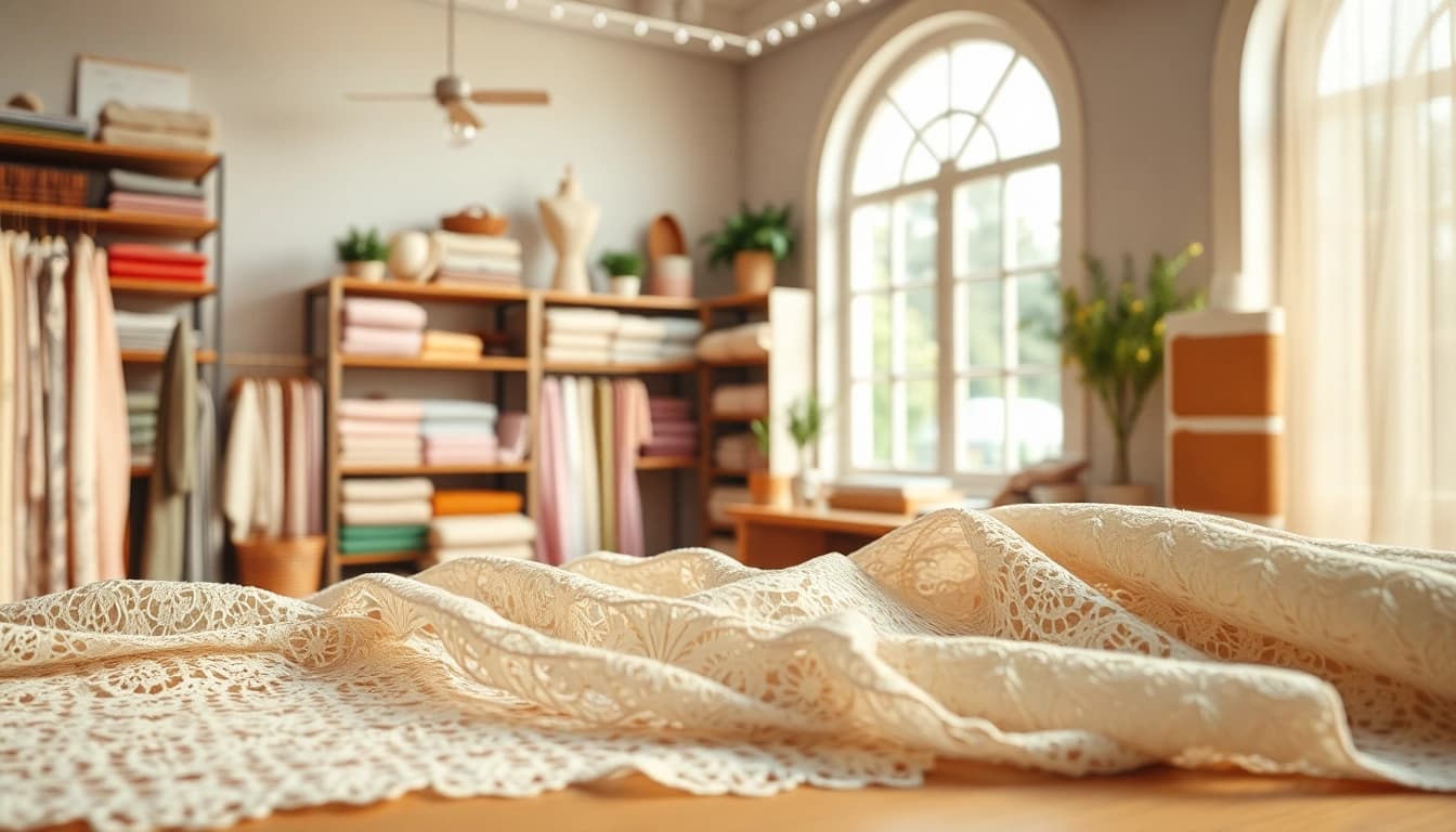 koop kant stof met mooie en delicate stoffen in een gezellig interieur