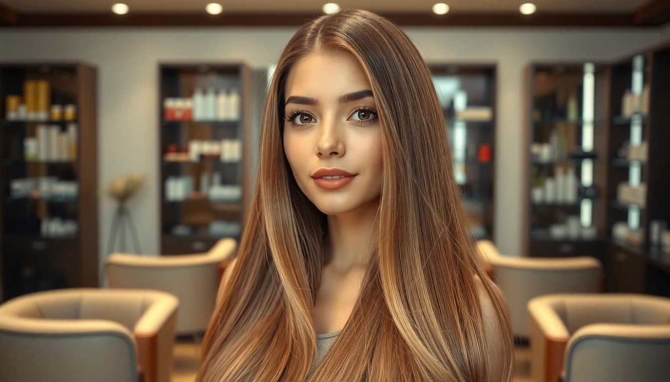 Admire the elegance of genius weft hair extensions showcased in a bright salon setting.