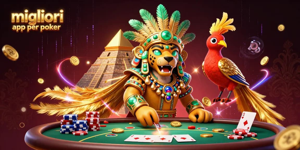 Scopri le migliori app per poker con questa illustrazione che mostra un tavolo da poker e un mazzo di carte con due personaggi iconici.