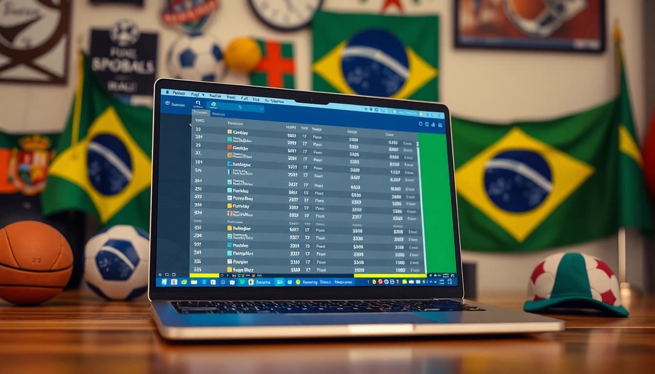 Engaging scene with best sportsbooks in Brazil highlighted, showcasing sports betting materials and flags.