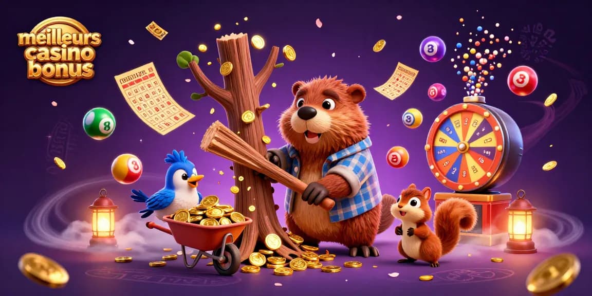 Découvrez les meilleurs sites casino bonus au travers d'une scène animée où un castor coupe un arbre qui fait pleuvoir des pièces d'or.