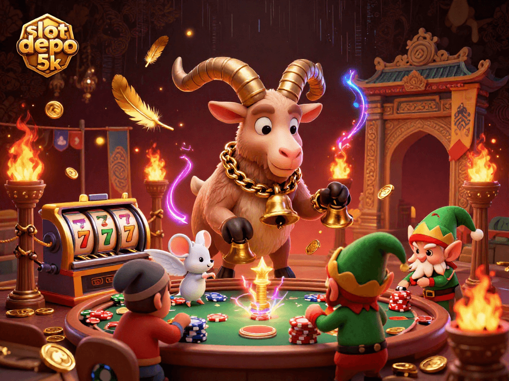 Experience thrilling gameplay with slot depo 5k in this vibrant, festive casino illustration.