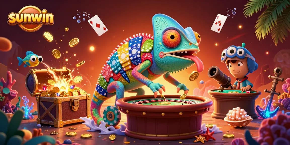 Join the excitement at sunwin, where the vibrant chameleon casino owner attracts gold coins in a 3D animated scene.