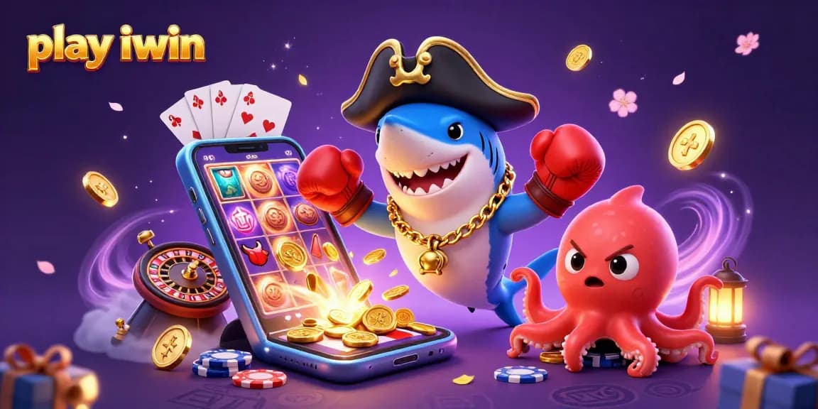 Play iwin with exciting 3D casino characters amidst vibrant slot games and dynamic coins.
