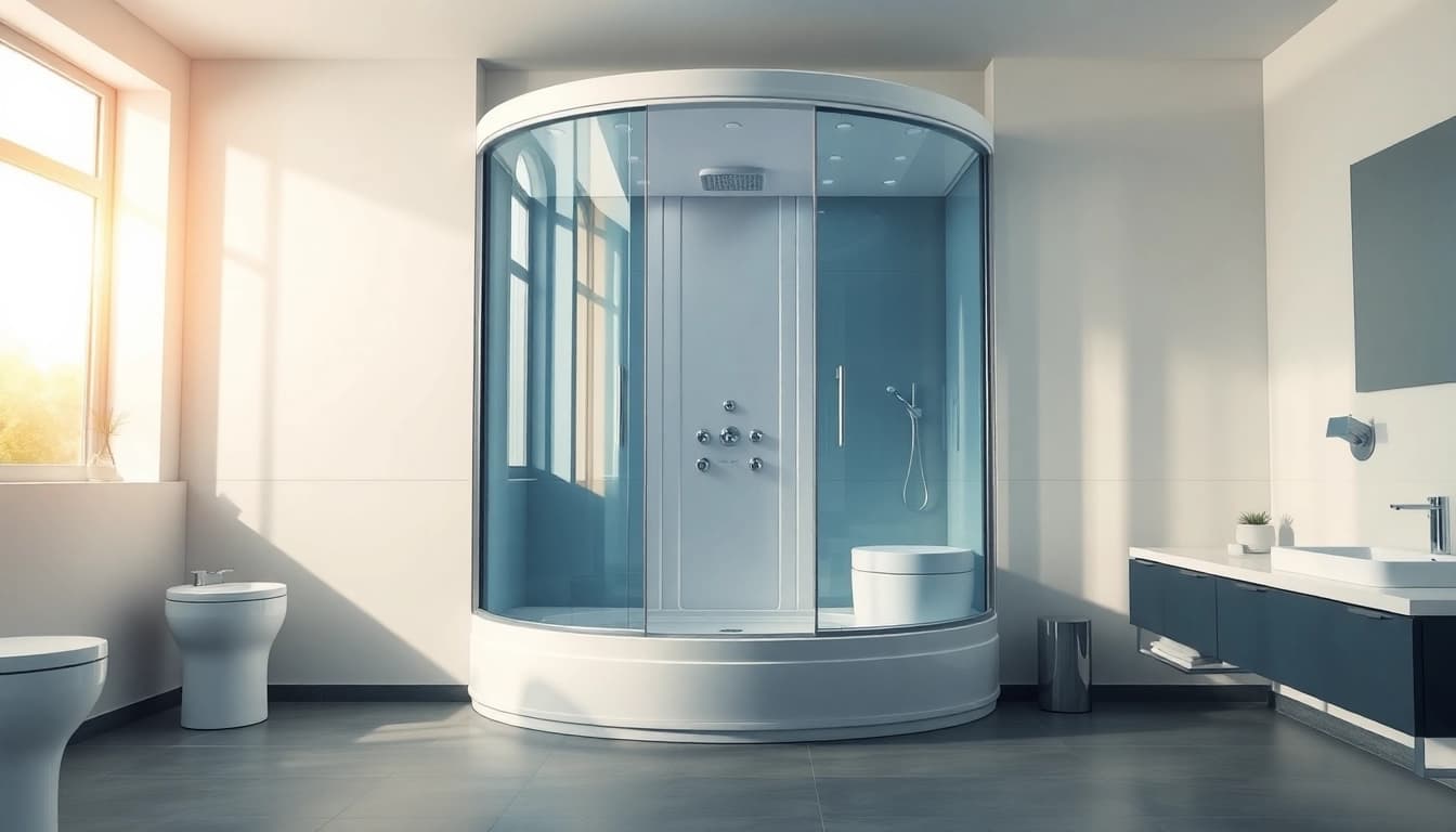 Magnetic ambiance of the sirhona France bathroom featuring sleek fixtures and a LED shower cabin.