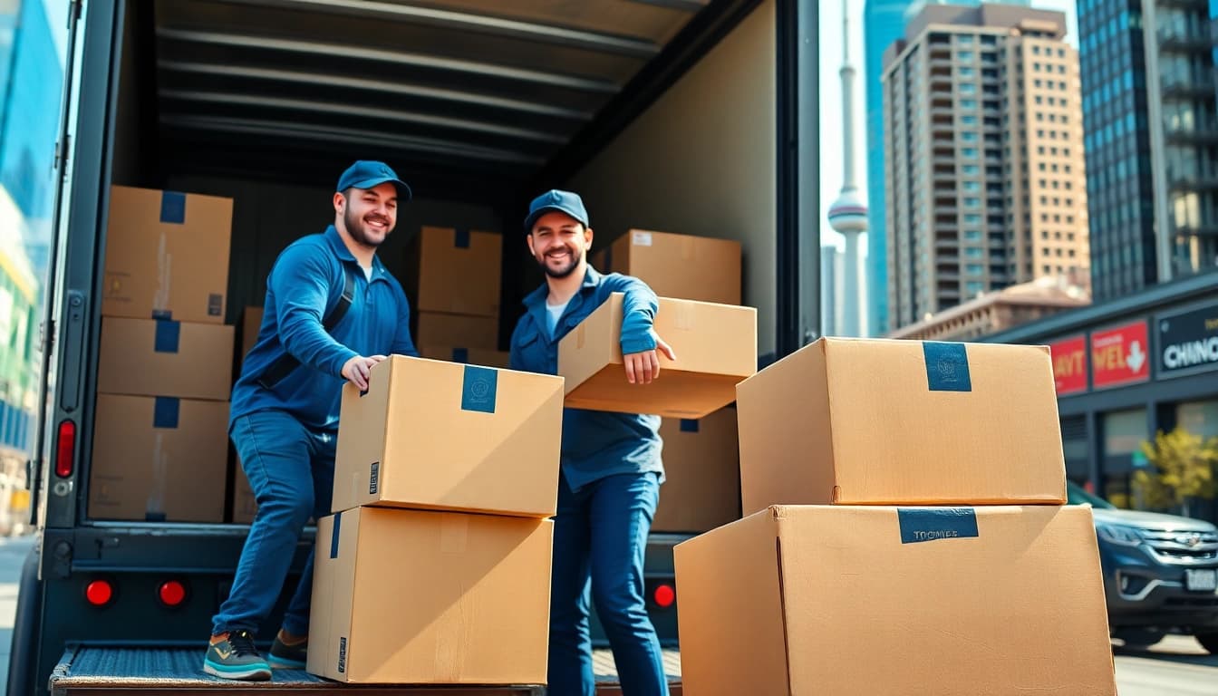 Best Toronto Movers efficiently packing a truck on a sunny day, showcasing teamwork and professionalism.