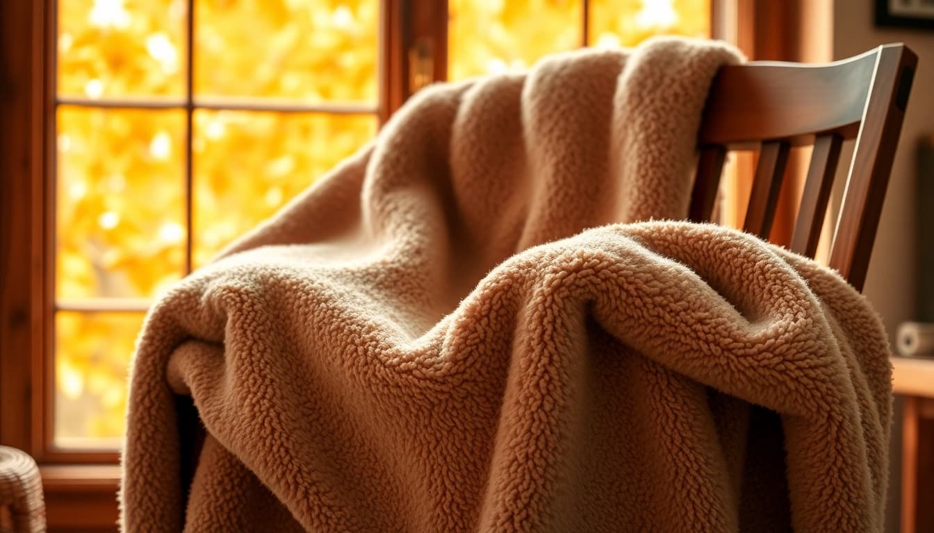 Fleece deken elegant over een houten stoel, uitnodigende sfeer en warme uitstraling.
