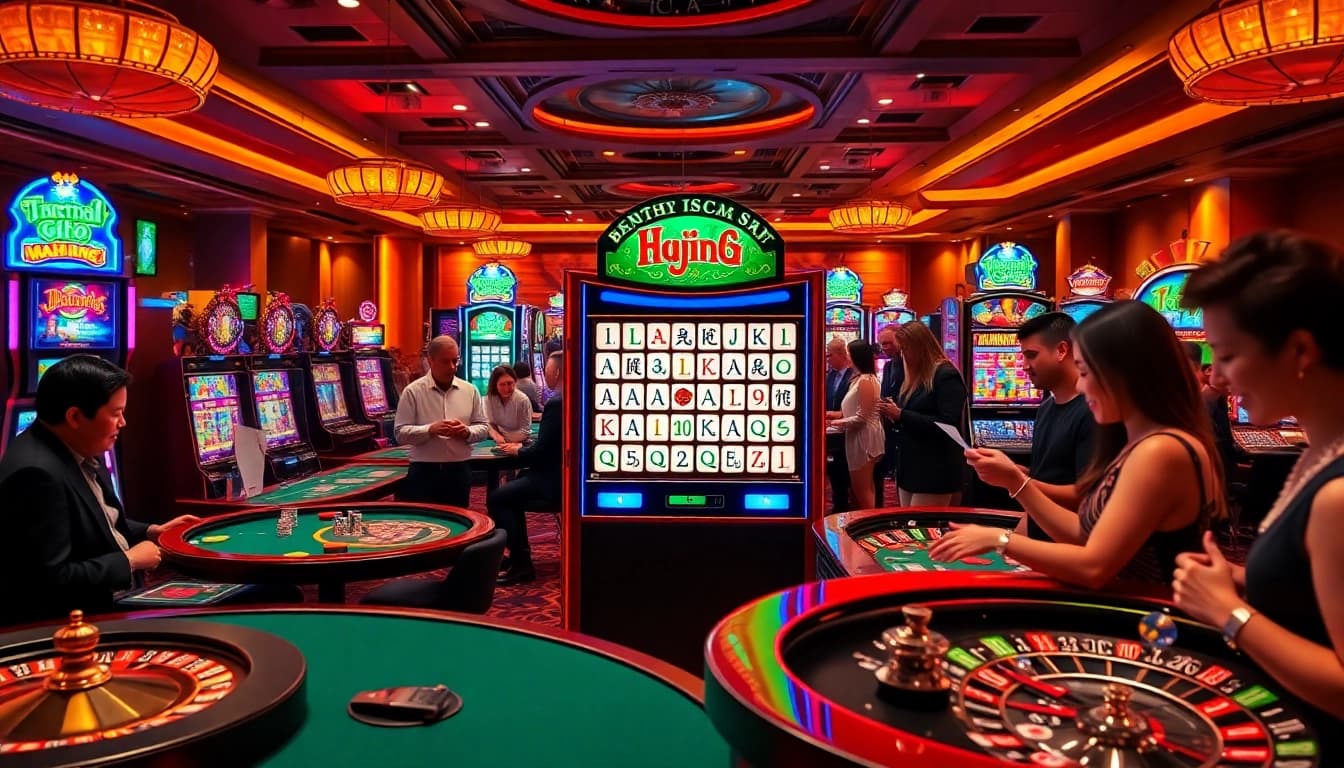 Experience the excitement of a mahjong slot demo with vibrant casino elements and eager players.