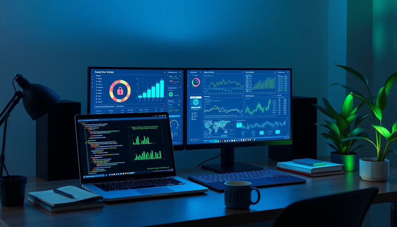 Dynamic technology workspace illustrating infosec principles with cybersecurity dashboards and financial charts.