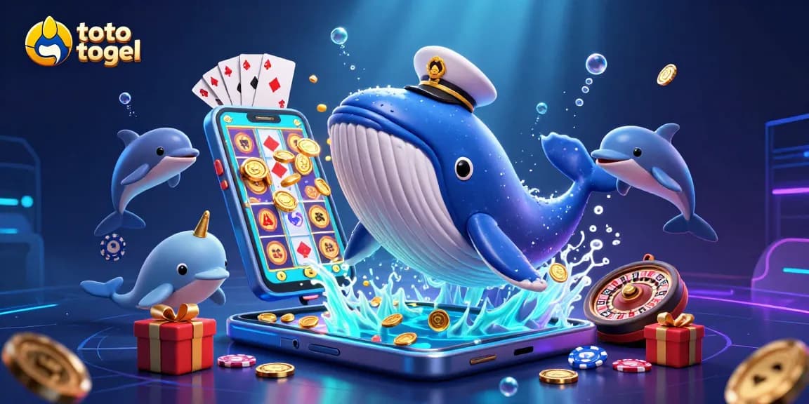 Experience the excitement of toto togel with playful dolphins, a captain whale, and vibrant casino elements.