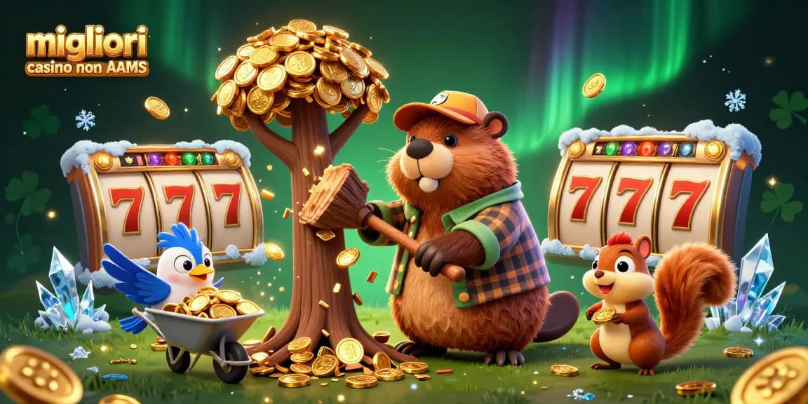Scopri i migliori casino non AAMS con un castoro che accumula monete d'oro in un'illustrazione vivace e dettagliata.