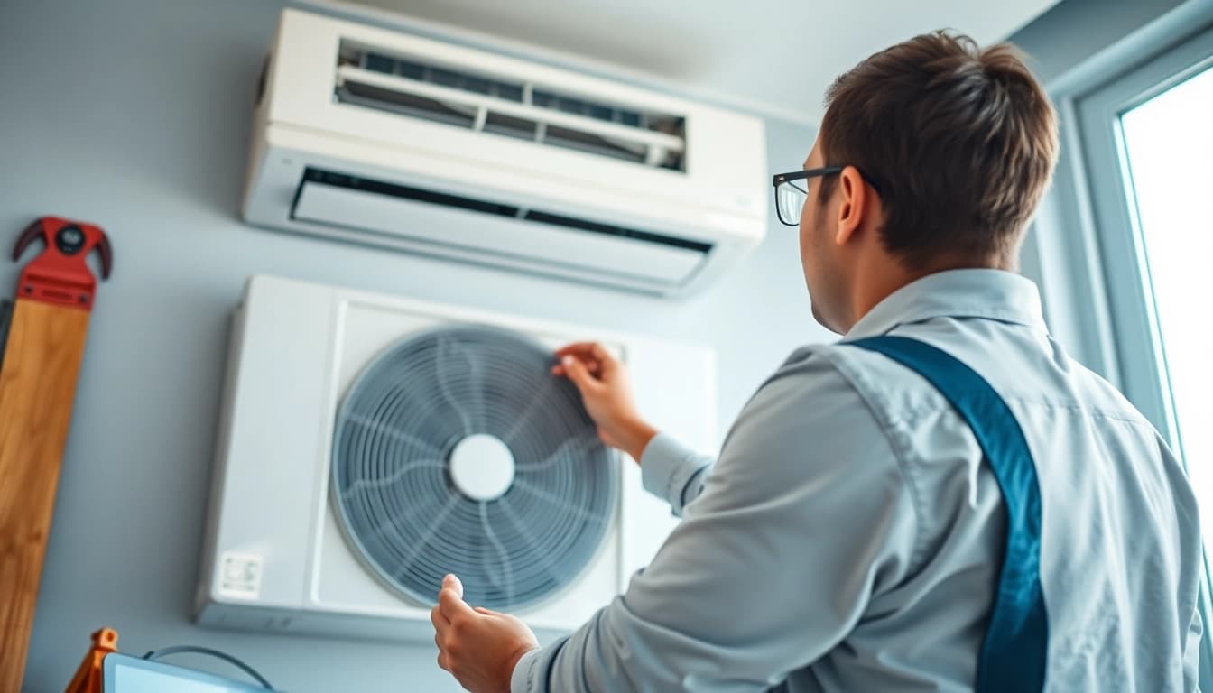 Technician performing ductless mini-split installation in a modern indoor setting.