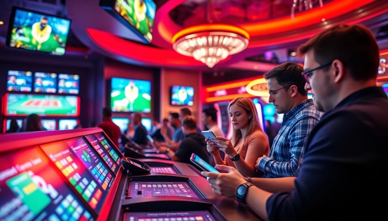Engaged bettors enjoying online sports betting Oklahoma in a lively casino setting.
