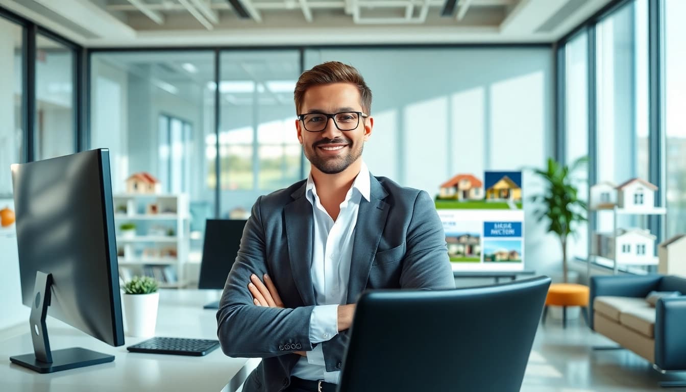 Showcasing real estate properties with a professional agent in a modern office.