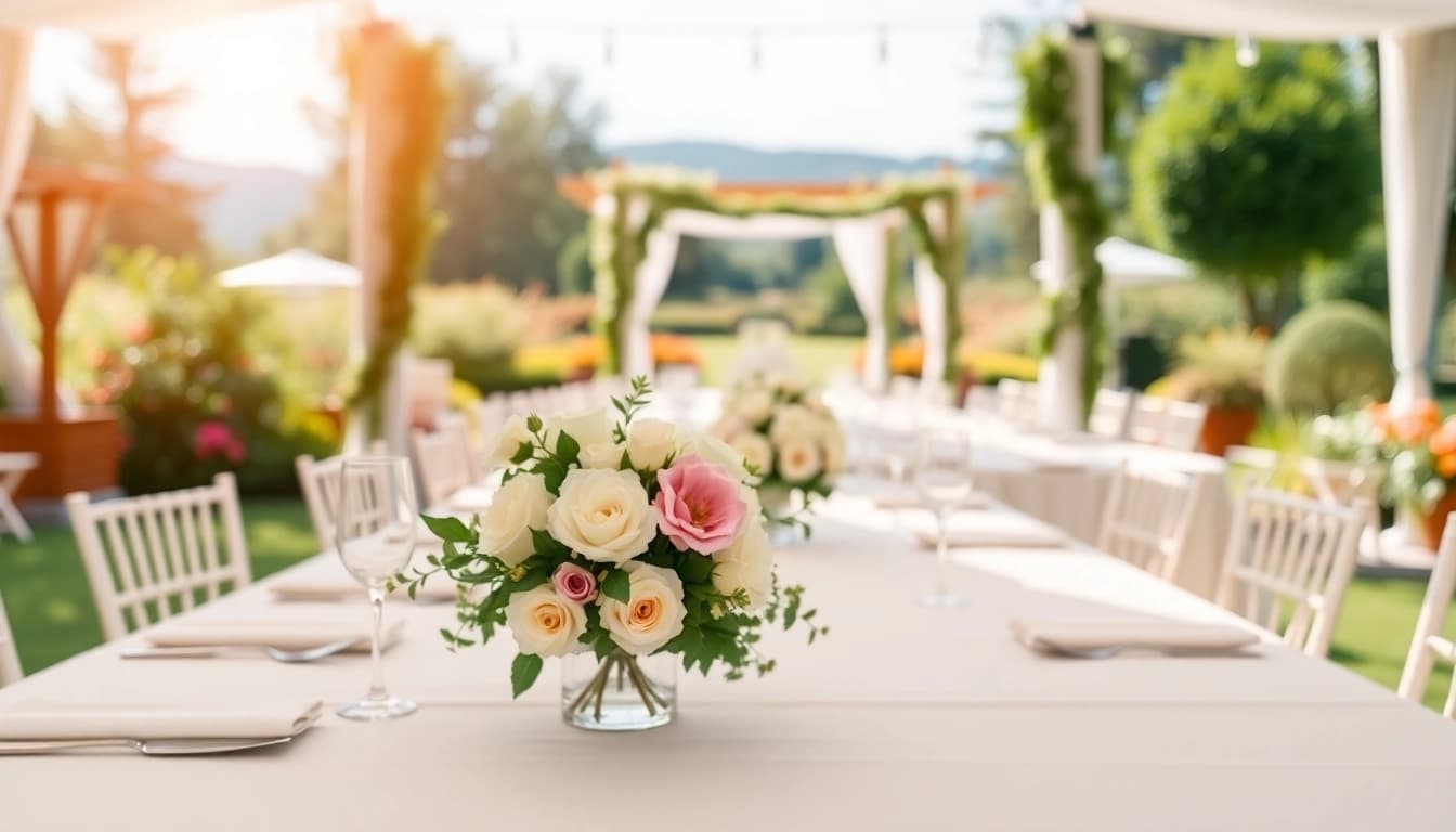 Elegant table rentals setup for an outdoor wedding with floral decor and natural lighting.