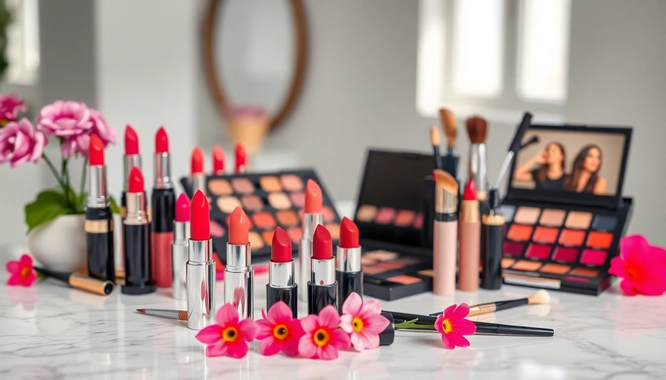 Showcase of wholesale makeup products featuring vibrant lipsticks and palettes on a marble countertop.