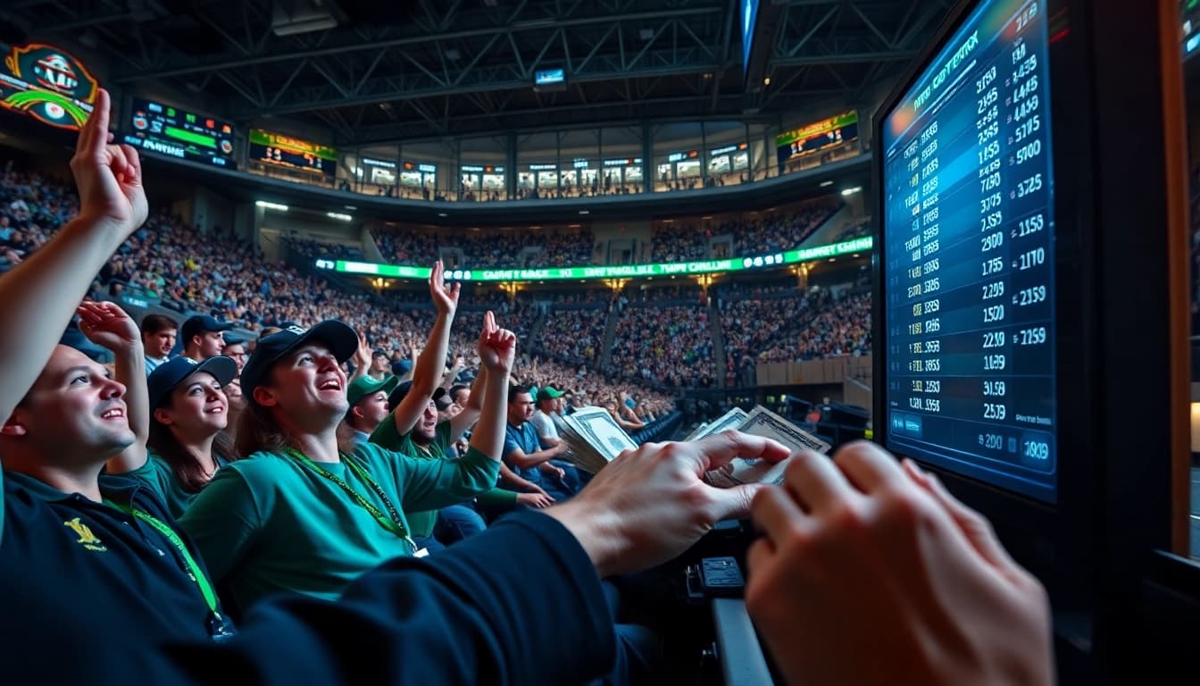 Exciting online sports betting South Carolina scene with fans and digital betting interfaces.