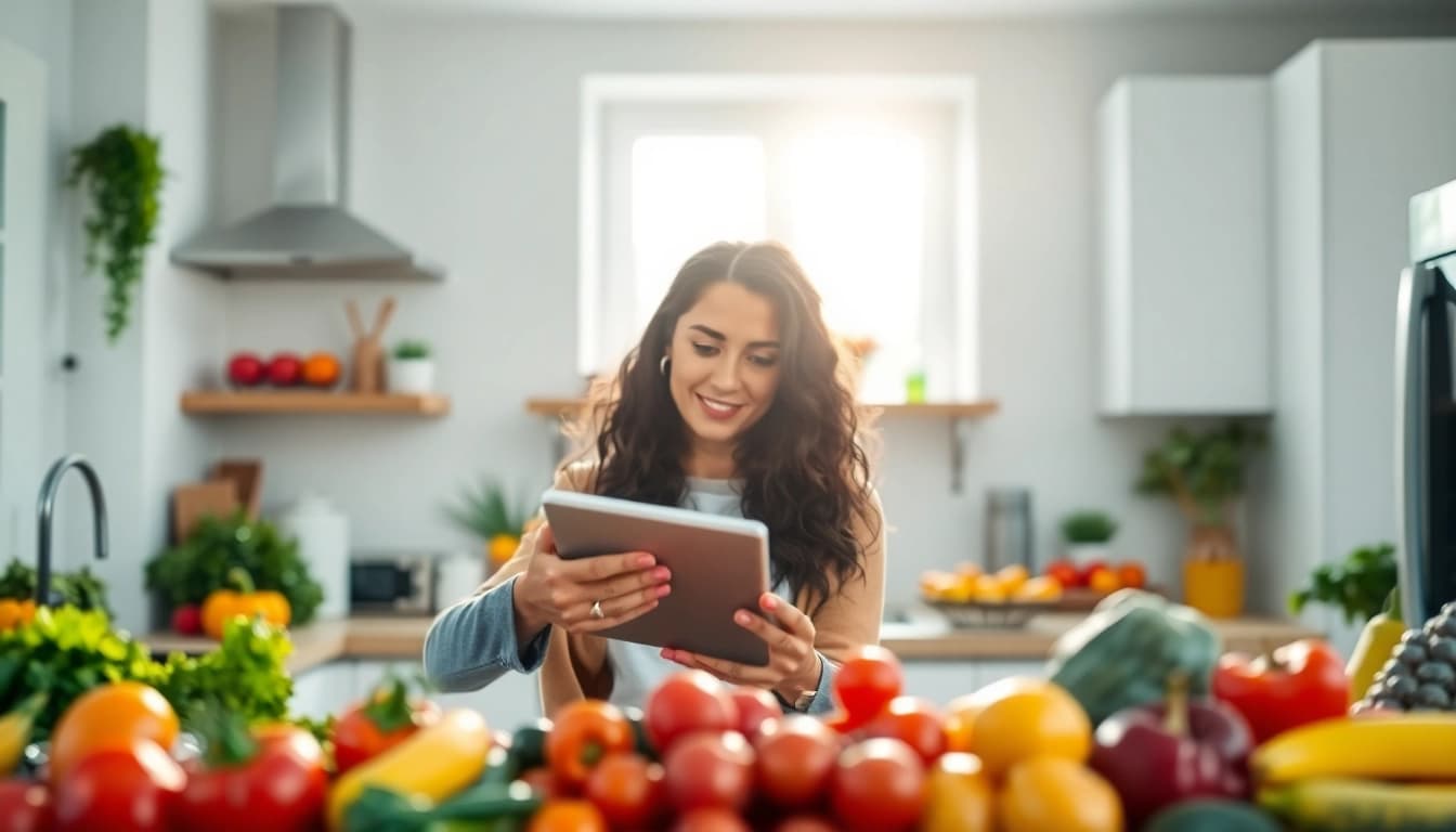Nutritionist helping clients overcome weight loss plateau with vibrant fruits and vegetables.