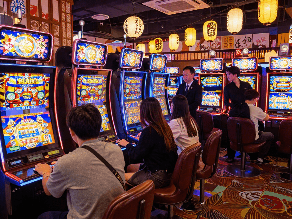 Players enjoying vibrant slot jepang machines in a lively Japanese-themed casino.