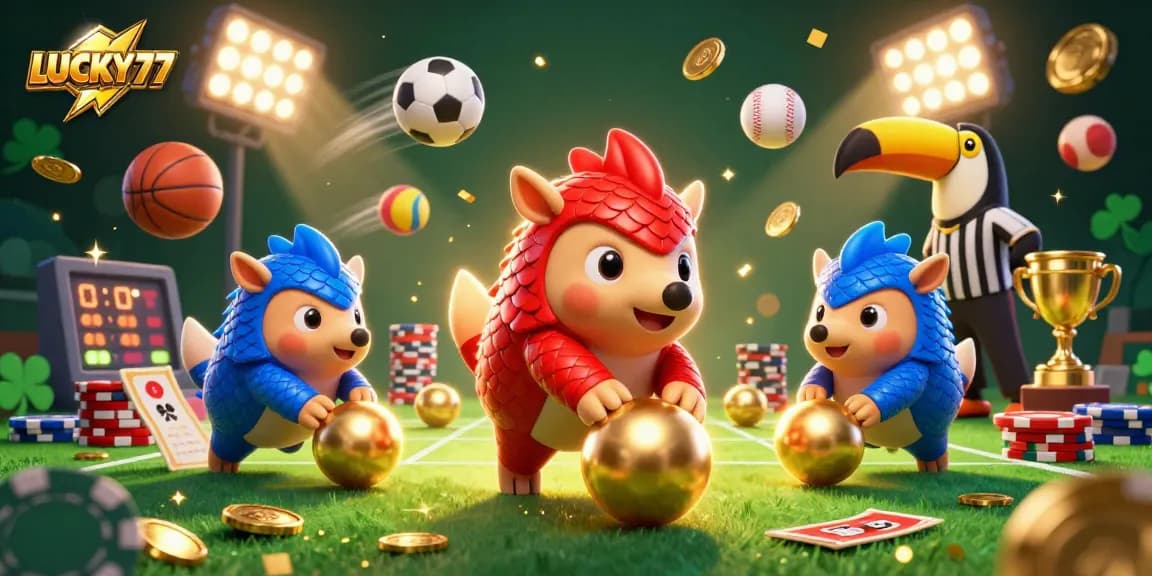 Experience the exciting rivalry in LUCKY77 as pangolins engage in thrilling gaming action with golden scales and betting slips.