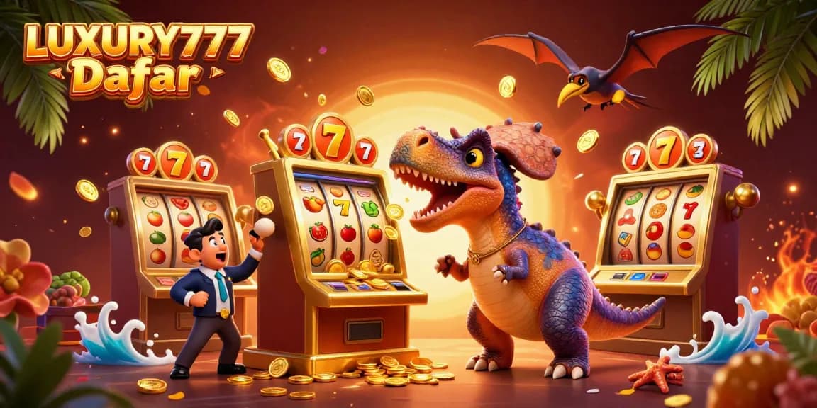 Permainan slot yang menguntungkan dengan LUXURY777 Daftar, menampilkan dinosaurus memenangkan koin jackpot.