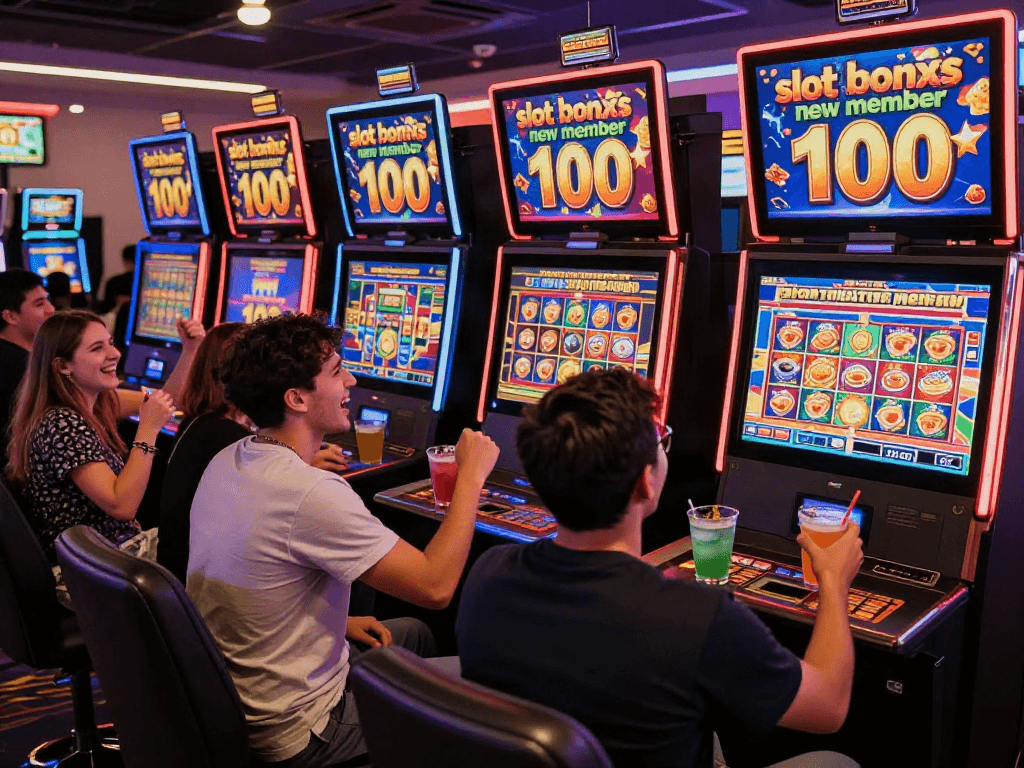 Excited players enjoying the slot bonus new member 100 at a lively casino.