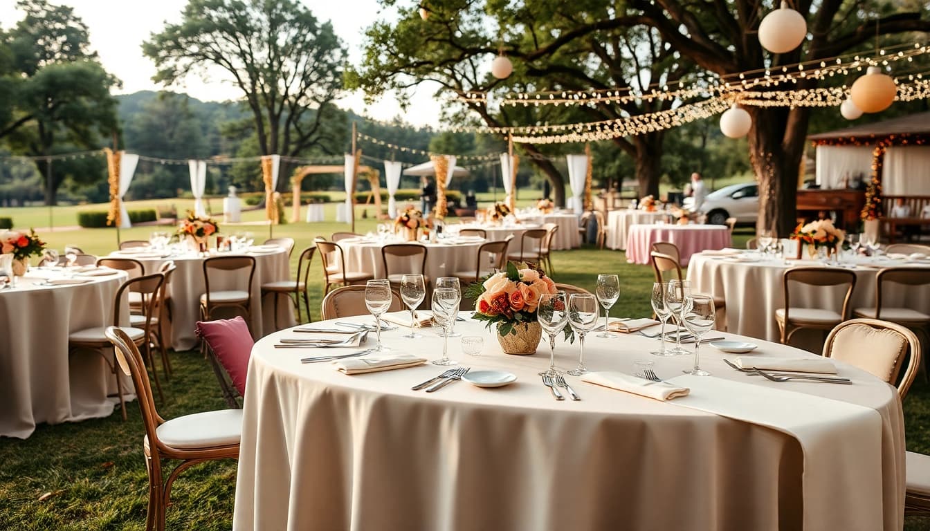 Stunning Table Rentals creatively arranged for an outdoor wedding event.