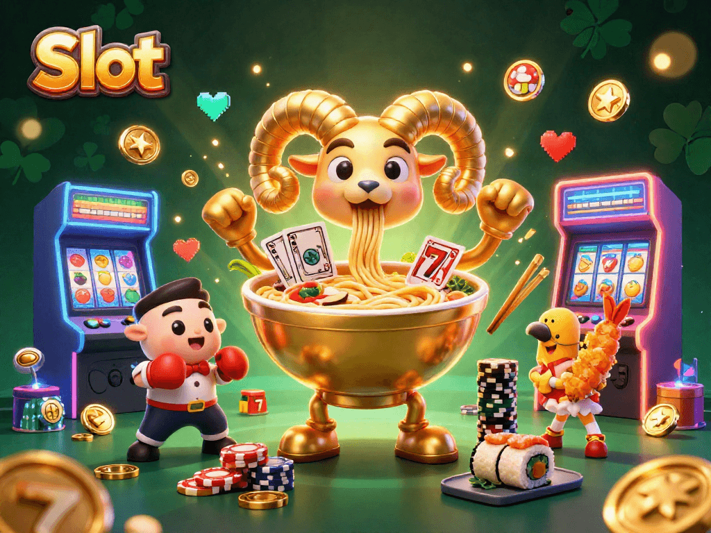 Engaging Slot scene featuring a giant ramen bowl dealer and colorful game elements, ideal for players.