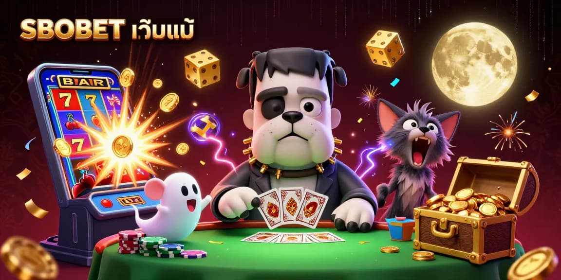 Experience thrilling card games with the unique 3D characters at SBOBET เว็บแม่, surrounded by vibrant casino elements and jackpot excitement.