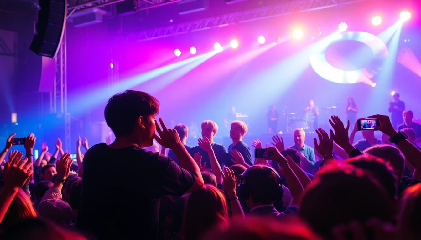 Capture of BTS news performance with vibrant crowd and dynamic stage lights.