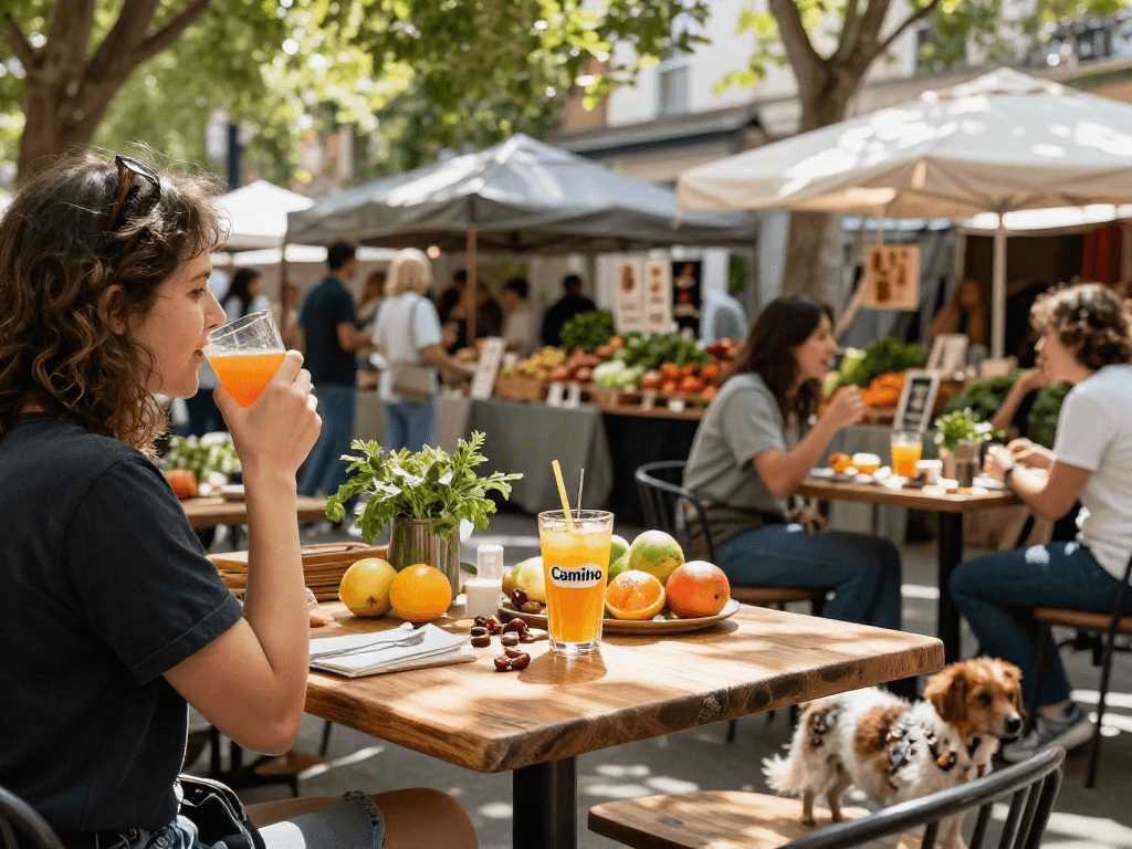 Person enjoying Camino freshly squeezed juice at a vibrant outdoor market café.
