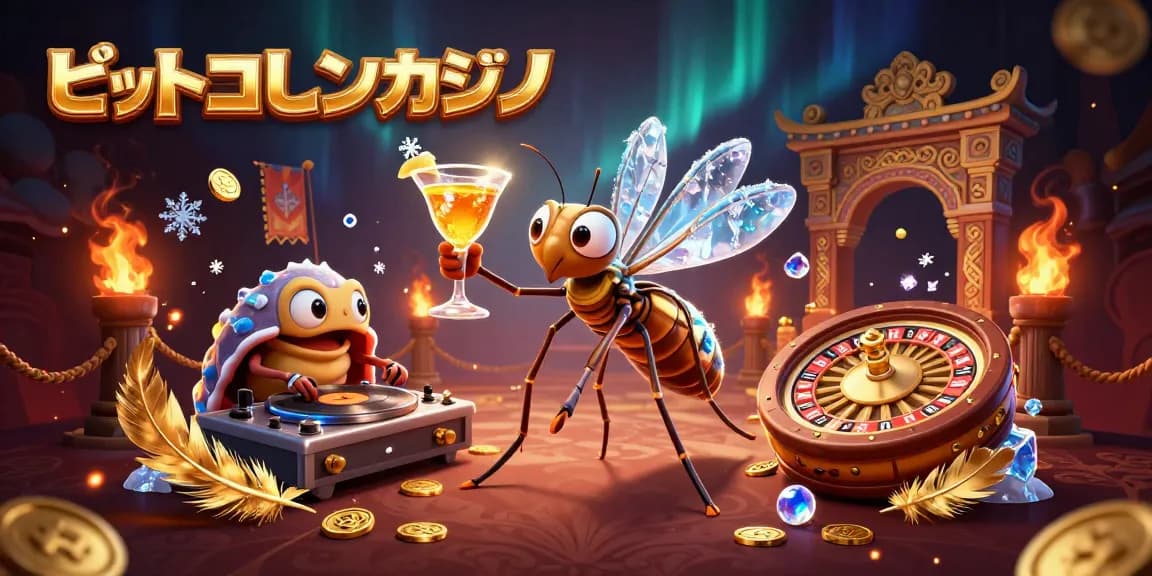 ビットコインカジノの賭けで盛り上がる、3Dのキャラクターたちが描かれた魅力的なイラスト