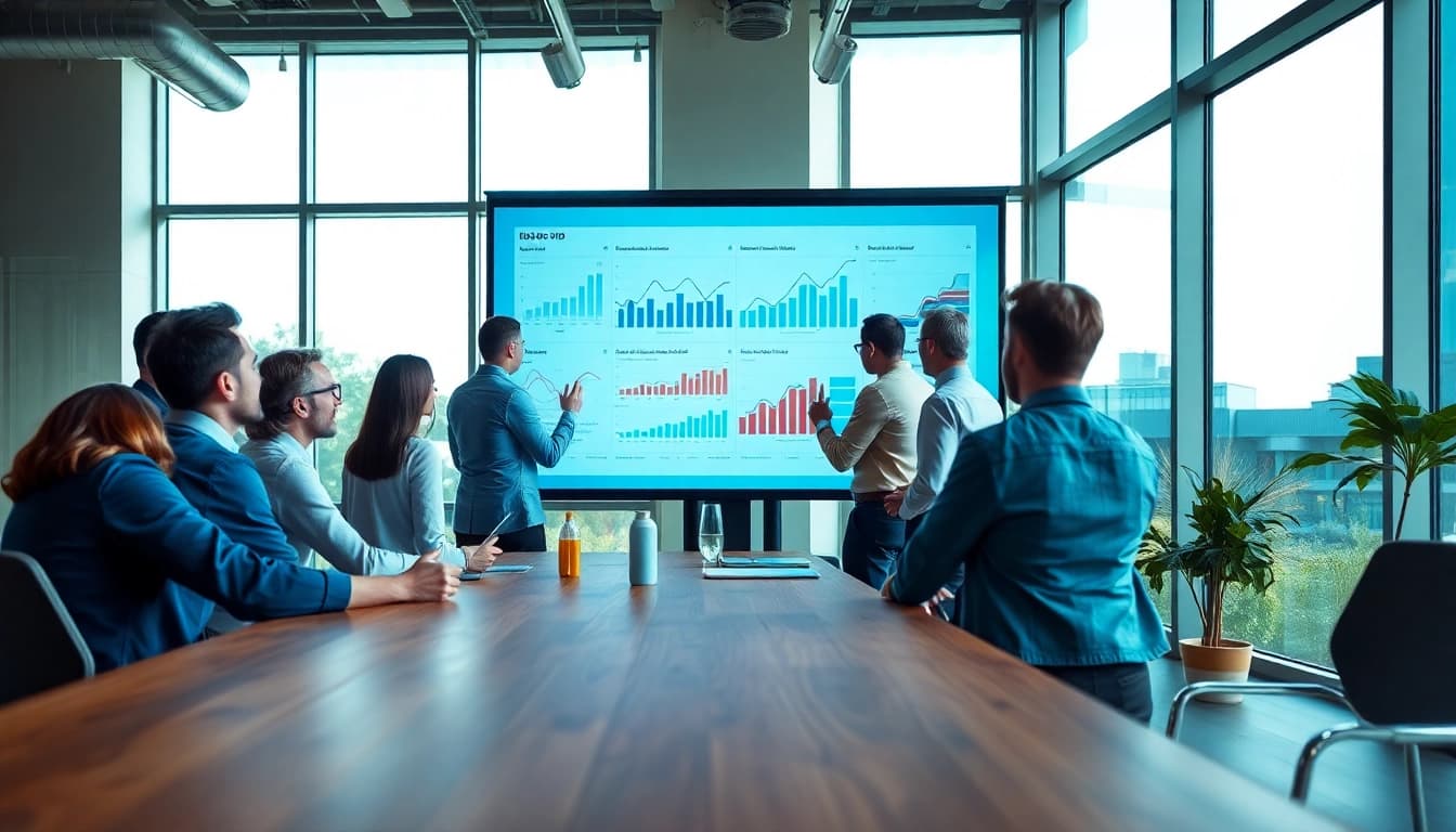 Engaging bid-no-bid analysis discussion among professionals in a bright office.