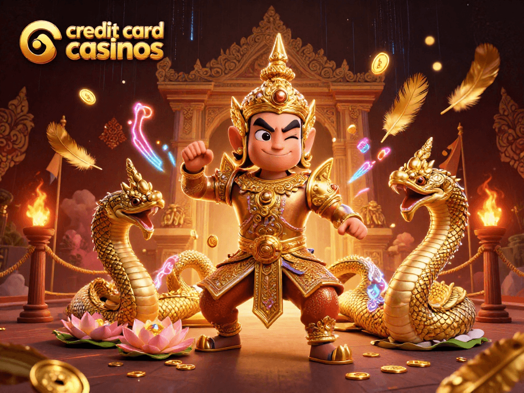 Engage with credit card casinos featuring vibrant illustration of a temple guardian and Naga serpents.