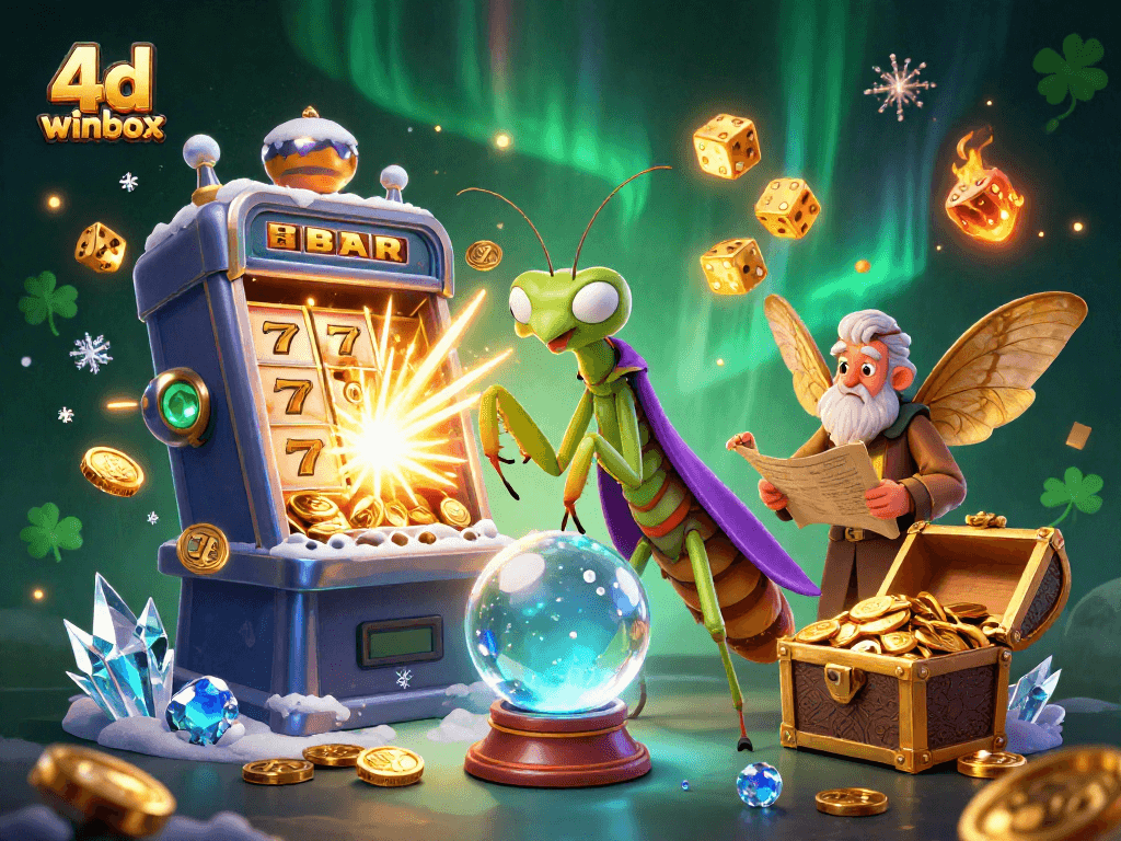 Experience the excitement of the 4d winbox lottery with dynamic characters and casino action elements in a vibrant scene.