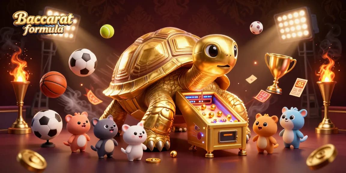 Engage with the Baccarat formula in a vibrant illustration showcasing a golden tortoise machine, gaming excitement, and sports elements.