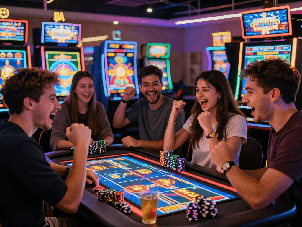 Friends celebrating a big win at an online casino, showcasing the excitement of the slot bonus new member 100.