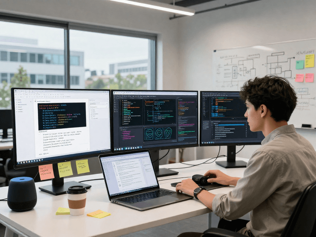 Data scientist analyzing machine learning models in a vibrant tech workspace, showcasing crush on ai innovations.