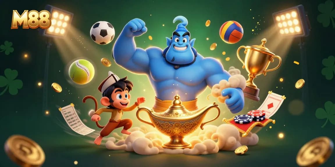 Experience the thrill of M88 betting with a colorful genie's magic and dynamic sports elements.