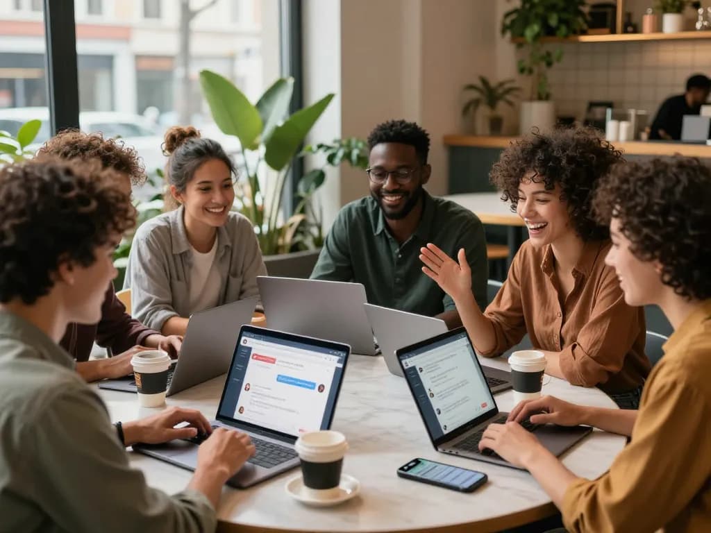Young adults engaging with ia +18 AI chat platform in urban café setting.