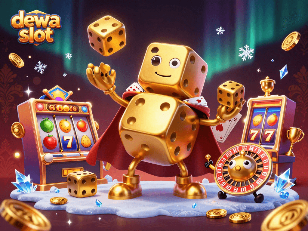 Gulir di Dewa Slot dengan ilustrasi 3D dadu emas besar yang berinteraksi dengan simbol slot dan koin emas