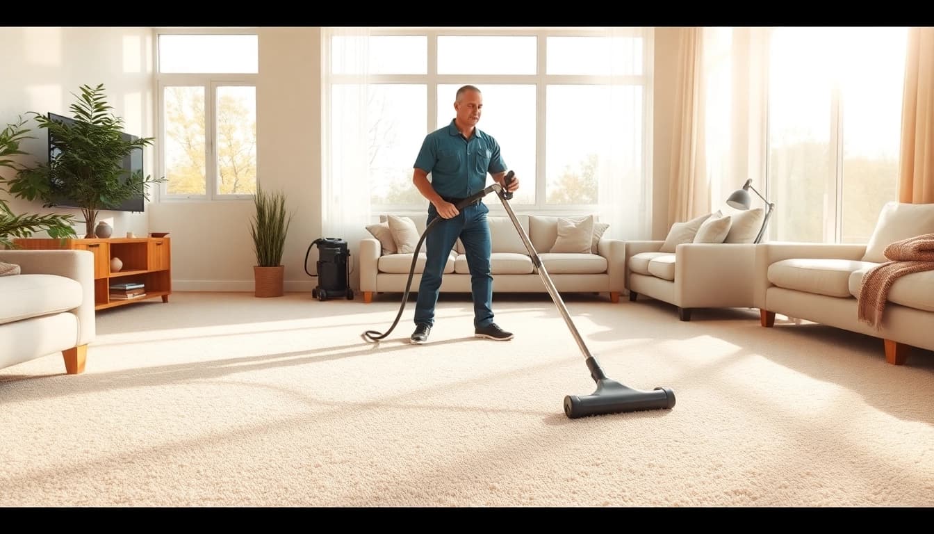 Find the best carpet cleaners near me working in a bright living room with fresh, clean carpets.