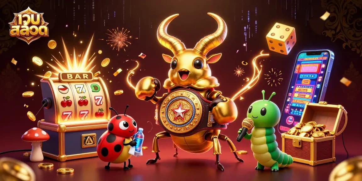 Experience เว็บสล็อต excitement with a giant stag beetle battling for jackpot glory amidst vibrant casino elements.