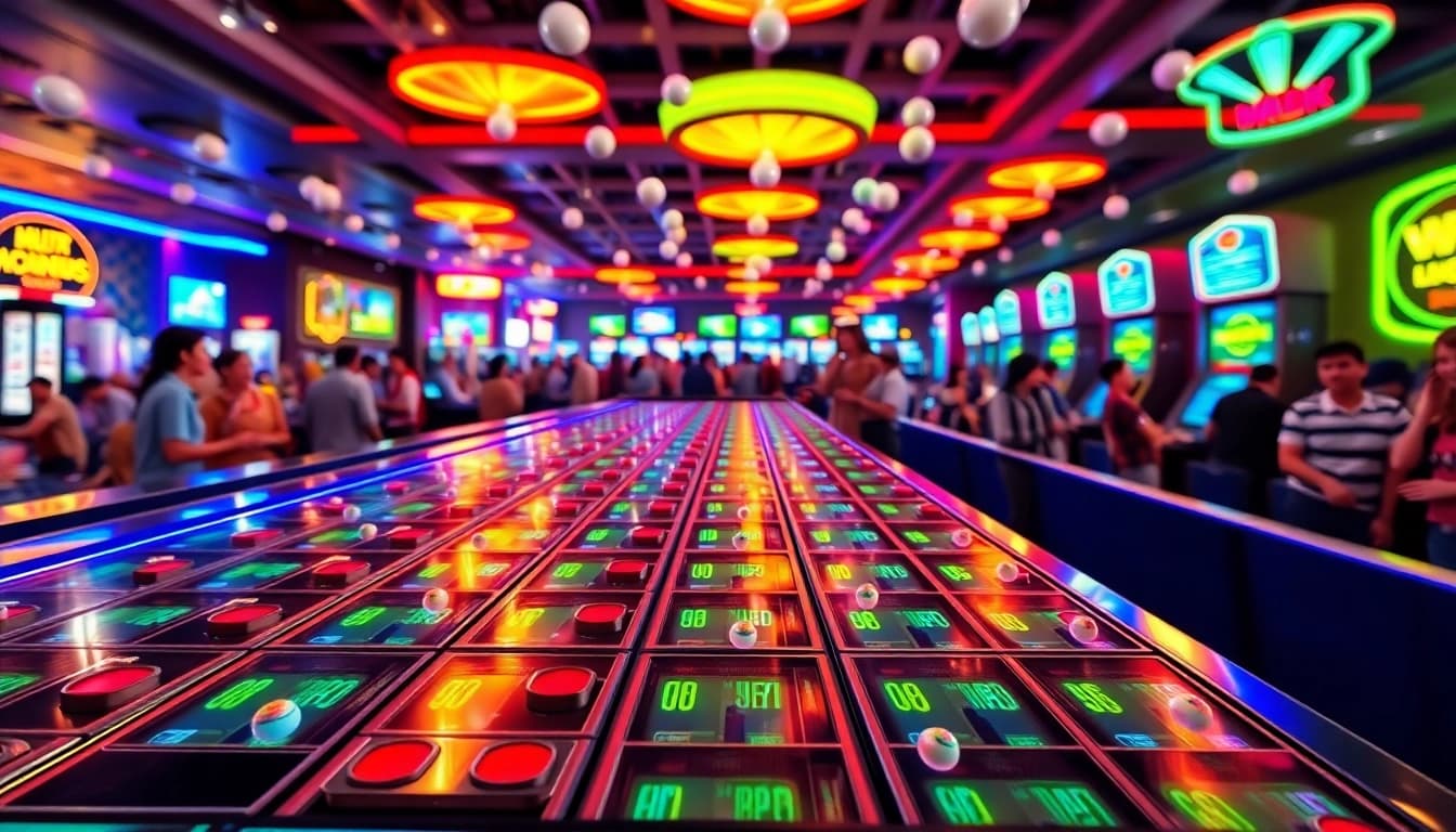 Permainan slot plinko dengan bola-bola berwarna yang jatuh dan menghasilkan kemenangan besar.