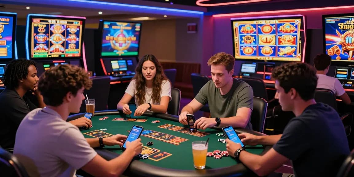 Players enjoying exciting moments at credit card casinos in a vibrant lounge, highlighting engaging slot games.