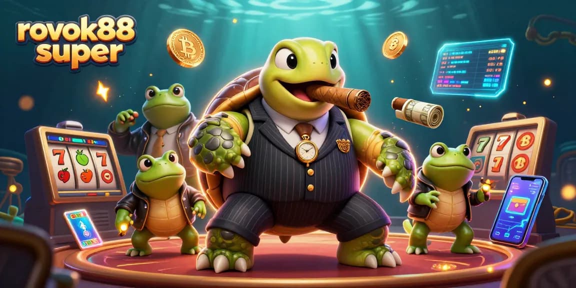 Join the action at rokok88 super, featuring a snapping turtle in a suit with dynamic casino elements.